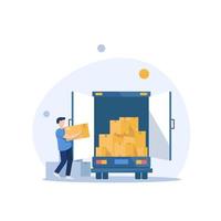 Moving Truck with Boxes. Back side of the loading truck,man with carton box packing vector