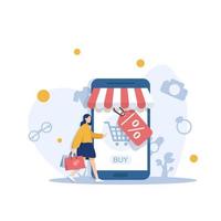 concepto moderno de diseño plano de compras en línea con personas pequeñas, desarrollo de sitios web móviles. diseño de interfaz de usuario y ux vector