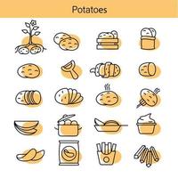 Potato Icon Set. Hand Drawn doodle Icons. French fries, chips, frying pan, saucepan, knife. Vector illustration.