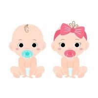 Baby with pacifiers sit on a white background. Vector illustration of cute twins boy and girl in childish cartoon style.