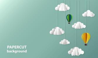 Vector background with paper cut shapes of clouds and balloons. 3D abstract paper art style, design layout for business presentations, flyers, posters, decoration, cards, brochure cover, banners.