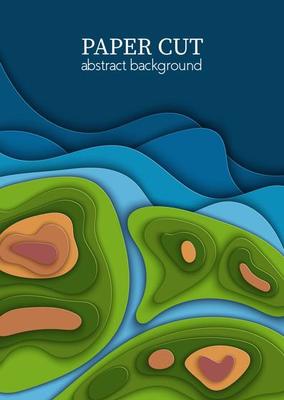 Vertical vector cover, blue green flyers with paper cut waves shapes, world earth map, ecology. 3D abstract art, design layout for presentations, flyers, posters, prints, decoration, cards, brochure