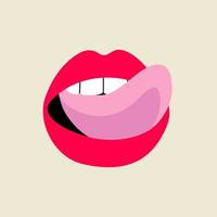 Open female human mouth with tongue, teeth in modern flat, line style. Hand drawn vector illustration of lips, open mouth, sexy tongue, passion, tasty. Fashion patch, badge, emblem, sticker.