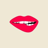 abra el labio de la boca humana femenina mordiéndose con los dientes en plano moderno, estilo de línea, arte pop. ilustración vectorial dibujada a mano de labios sexys, pasión, interesante, boca abierta. parche de moda, placa, emblema. vector
