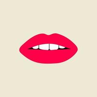 Open female human mouth with teeth in modern flat, line style. Hand drawn vector illustration of lips, open mouth, whispering, sexy, passion, beautiful, make up. Fashion patch, badge, emblem.