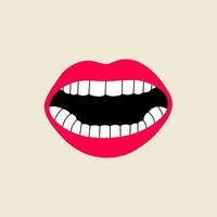 Open female human mouth with teeth in modern flat, line style. Hand drawn vector illustration of lips, open mouth, whispering, screaming, singing, talking, podcast. Fashion patch, badge, emblem.