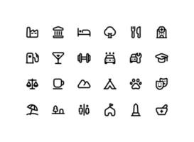 Cute map pointer outline icon set with places related line icons vector