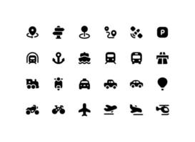 Cute map pointer solid glyph icon set with transportation related icons vector