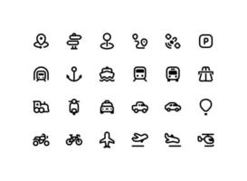 Cute map pointer outline icon set with transportation related line icons vector