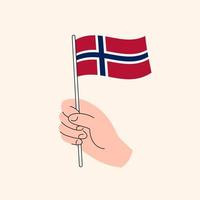 Cartoon Hand Holding Norwegian Flag Drawing. Flag of Norway, Concept Illustration, Flat Design Isolated Vector.
