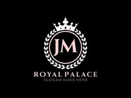 Letter JM Antique royal luxury victorian logo with ornamental frame. vector