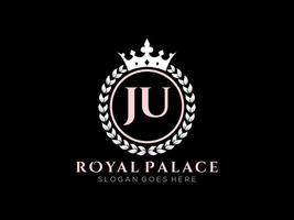 Letter JU Antique royal luxury victorian logo with ornamental frame. vector