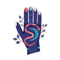 Magic celestial hand woman with moon and snake isolated. Esoteric design. Flat graphic vector illustration