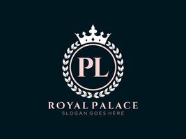 Letter PL Antique royal luxury victorian logo with ornamental frame. vector