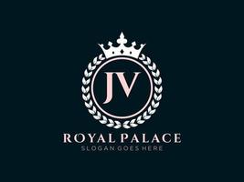 Letter JV Antique royal luxury victorian logo with ornamental frame. vector