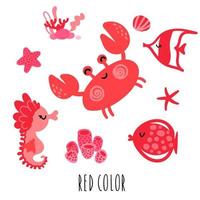 un conjunto de objetos rojos con habitantes marinos. cangrejo rojo, pescado y caballito de mar con algas y estrellas de mar vector