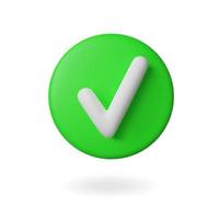 Realistic 3d green round tick button. Vector icon of a good choice for the checklist. mark ok clipart on a white isolated background with a shadow