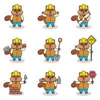 ilustración vectorial del personaje de ardilla en el sitio de construcción. trabajadores de la construcción en diversas herramientas. personajes de ardilla de dibujos animados con sombrero duro trabajando en el vector del sitio de construcción.