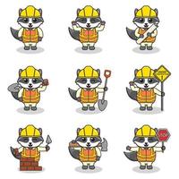 Vector illustration of Raccoon character at construction site. Construction workers in various tools. Cartoon Raccoon characters in hard hat working at building site vector.