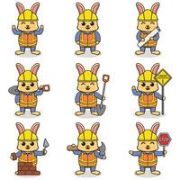 Vector illustration of Rabbit character at construction site. Construction workers in various tools. Cartoon Rabbit characters in hard hat working at building site vector.