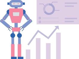 A robot stands near a chart graph presentation. vector