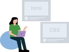 Girl looking at html and CSS on laptop. vector