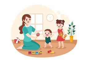 Babysitter or Nanny Services to Care for Provide for Baby Needs and Play with Children on Flat Cartoon Hand Drawn Template Illustration vector