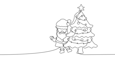 Continuous one line drawing of Santa Claus and christmas tree. Festive concept with christmas tree and character in line art style png