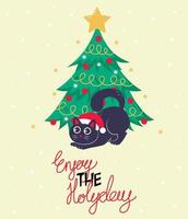 tarjeta de navidad, pancarta o plantilla de afiche con un árbol de navidad y un lindo gato negro jugando debajo con la inscripción disfrute de las vacaciones vector