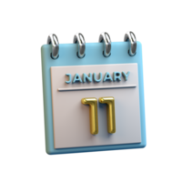 Monthly Calendar 11 January 3D Rendering png