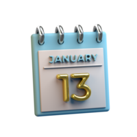 Monthly Calendar 13 January 3D Rendering png