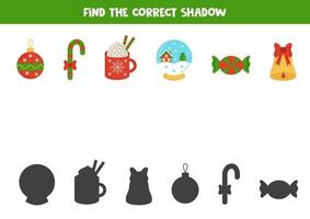 Find shadows of cute Christmas pictures. Educational logical game for kids. vector