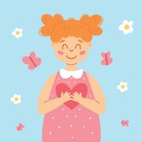 día mundial del niño. cartel con una linda chica y un corazón en sus manos. ilustración vectorial tarjeta de felicitación para el día del niño. estilo de dibujos animados. vector