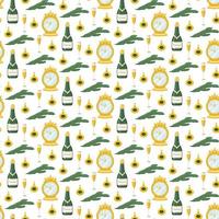 Seamless pattern with champagne and clock. vector illustration