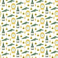 Seamless pattern with champagne and clock. vector illustration