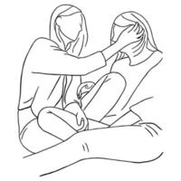 Line art minimal of lesbian caring together in hand drawn love concept for decoration, doodle style, LGBTQ vector