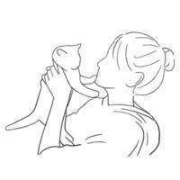 Line art minimal of woman holding cute cat in hand drawn concept for decoration, doodle style vector