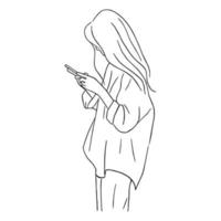 Line art minimal of woman using smartphone in hand drawn concept for decoration, doodle style vector