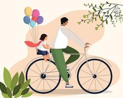 Flat Father's Day characters, riding bicycles. vector