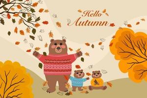 Vector drawing of brown bear family celebrated Autumn season, mother bear and 2 Cubs wearing sweater on grass under autumn orange tree and colorful leaves blowing with Hello Autumn texts