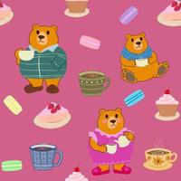 Vector seamless pattern of brown teddy bear family drinking, elements drawing random with sweet dessert, cake, cupcake, macaroon and cup of coffee on pink background clothing fabric textile, wrapping