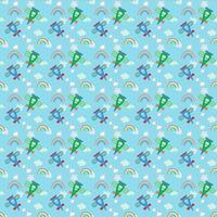 Vector seamless repeat pattern, blue and green airplane flying on blue sky with clouds and rainbow, random elements for fashion clothing fabric textiles, wallpaper, paper wrapping