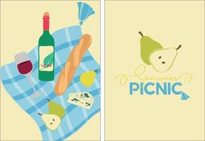 Picnic in nature. Summer illustration with bottle of wine, brie cheese and pears. Summer picnic poster set. Modern poster with organic products. Summer event invitation. Flat design. vector