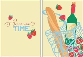 Vector illustration with a wicker bag of strawberries, a baguette and a bottle of wine. Poster with summer time lettering. Products from local farmers. Modern poster with organic products.