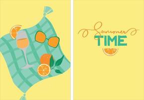 Picnic on the beach. Summer illustration with sunglasses, oranges and lemonade in a glass. A fun trip to a beach party. Modern poster with organic products. Summer event invitation. Flat design. vector