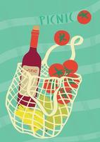 Picnic in nature. Summer illustration with a wicker bag with a bottle of wine, cheese and tomatoes and pears. Products from local farmers. Modern poster with organic products. Flat design. vector
