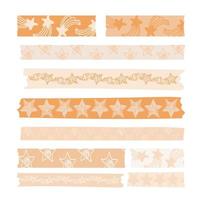 Large set of scotch tape strips with various hand-drawn designs. Pastel stars with different patterns. Scotch tape stickers. Vector illustration