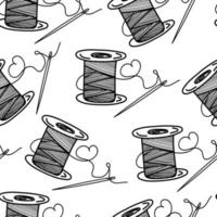 Seamless thread pattern with needlepoint, hand-drawn doodle elements in sketch style. Monochrome black and white palette. Sewing thread, needle. Sewing. Embroidery. Hobbies vector