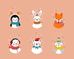 Cute stickers with winter forest animals in warm clothes vector