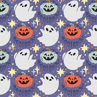 Spooky Halloween seamless pattern in cute doodle style with ghost, pumpkin, lettering boo and stars on purple background